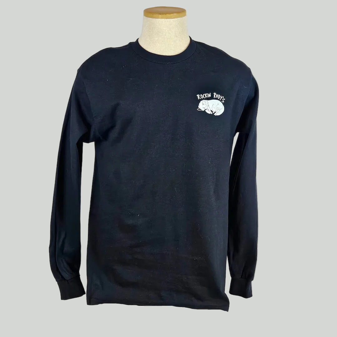 black long-sleeve shirt with a logo on a mannequin against a white background