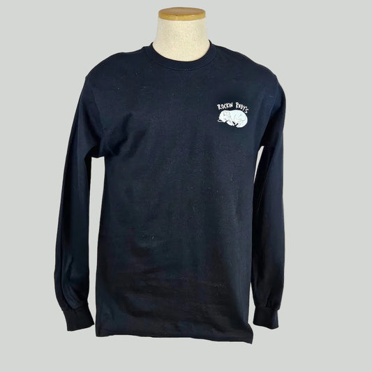 black long-sleeve shirt with a logo on a mannequin against a white background