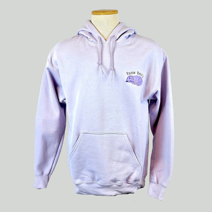 Lavender hoodie with a logo on a mannequin against a white background