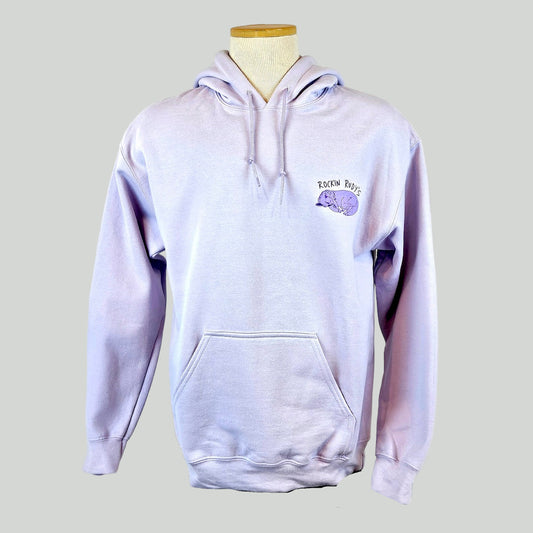 Lavender hoodie with a logo on a mannequin against a white background