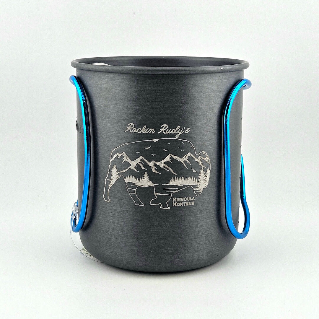 Black brushed metal cup with blue accents against white background.