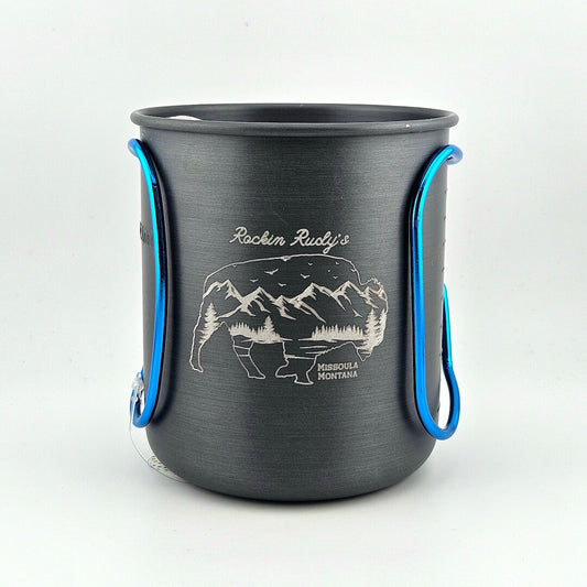 Black brushed metal cup with blue accents against white background.