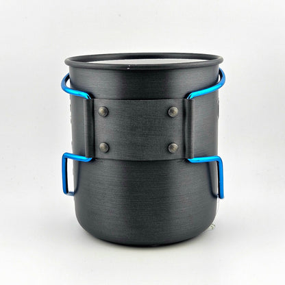 Black brushed metal cup with blue accents against white background.