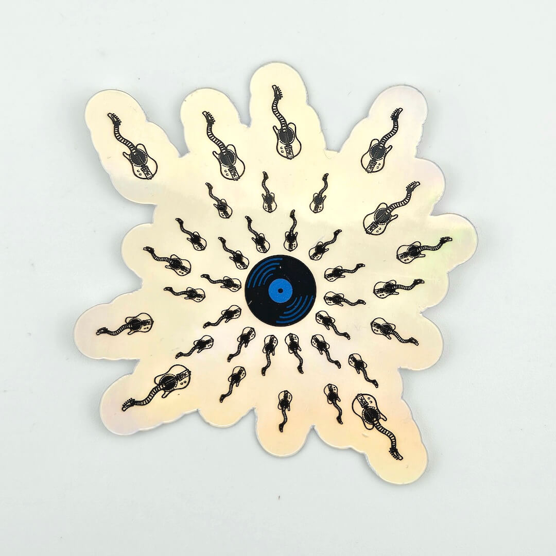 Holographic sticker with sperm guitar design with record at center, set against gray background.