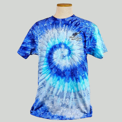 Blue and white tie-dye t-shirt on a mannequin against a neutral background