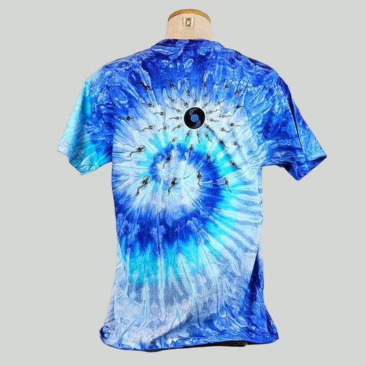 Blue tie-dye t-shirt with a circular design on a mannequin against a plain background