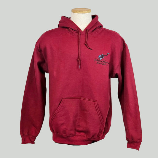 Red hoodie with a logo on a mannequin against a gray background