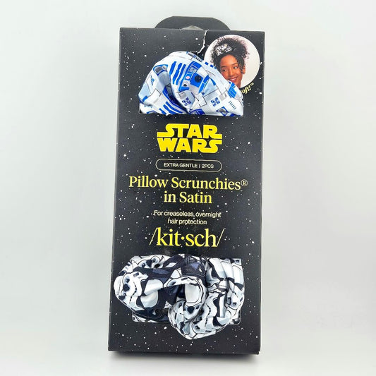 Box of Star Wars-themed pillow scrunchies with R2-D2 design on a white background