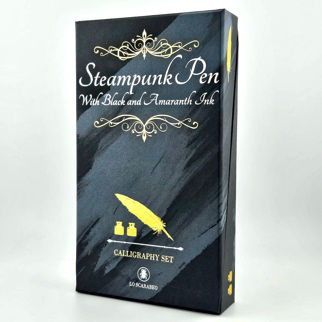 Box for a steampunk pen set with black and amaranth ink on a white background