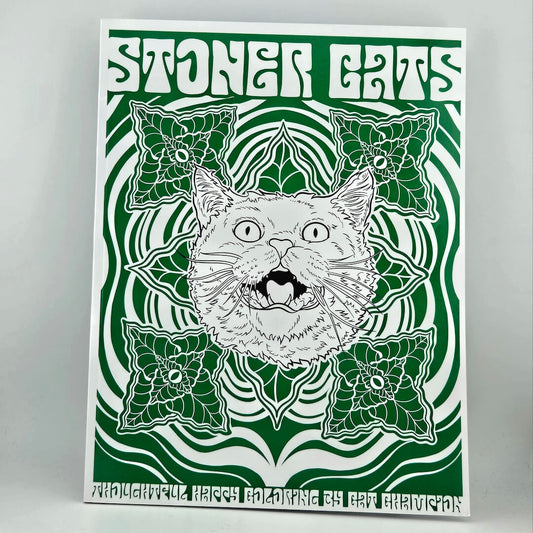 Poster with a stylized cat illustration and 'Stoner Cats' text on a green and white background