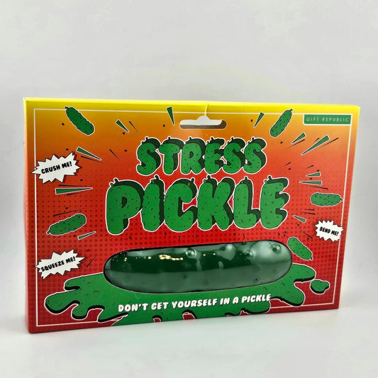 Stress pickle toy in its packaging with a colorful label on a white background