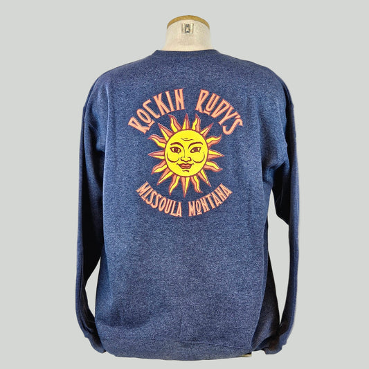 Blue sweatshirt with 'Rockin Rudys Missoula Montana' design on a mannequin against a white background