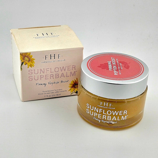 Sunflower Superbalm jar and packaging on a light gray background