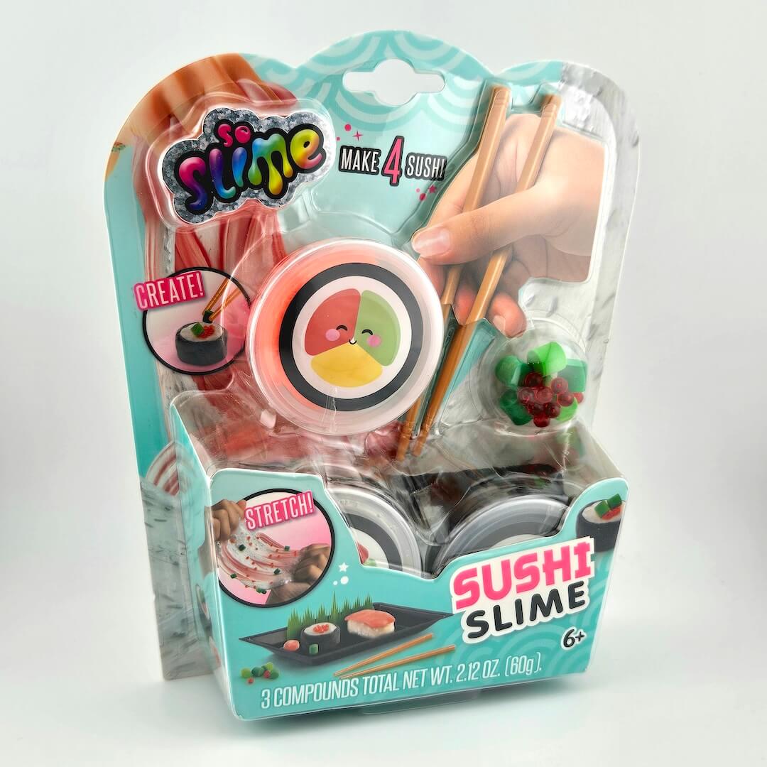 Sushi slime toy packaging with colorful design and text on a white background