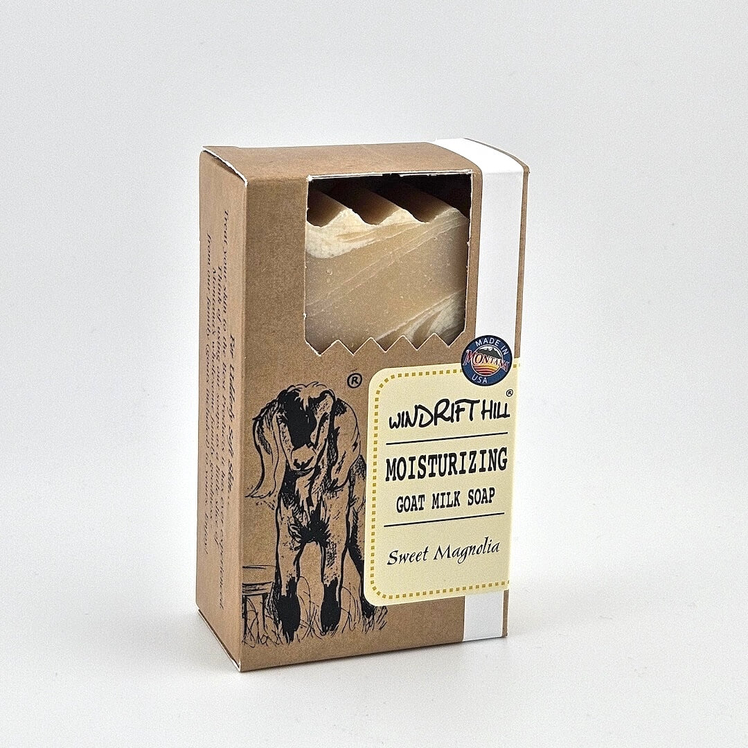 Box of Windrift Hill moisturizing goat milk soap on a gray background
