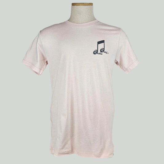 Light pink t-shirt with beam note on breast with "Rockin Rudy's" starting in each note.