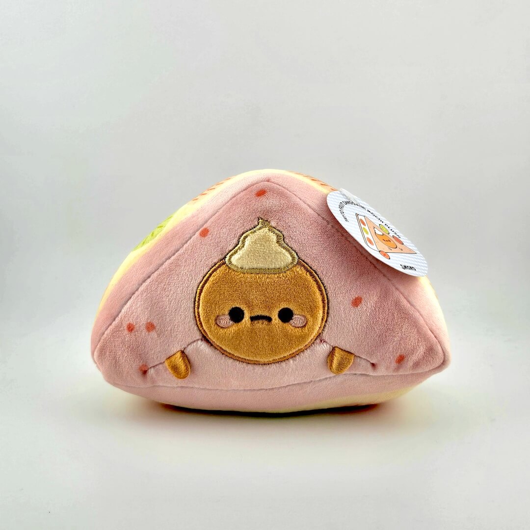 Triangular pink plush against white background.