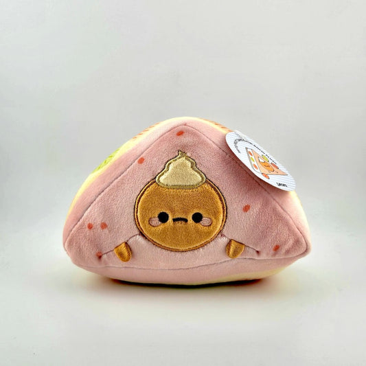 Triangular pink plush against white background.