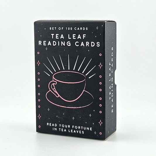 Black box of Tea Leaf Reading Cards with teacup illustration and text against white background