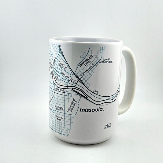 White mug with a map design of Missoula on a white background