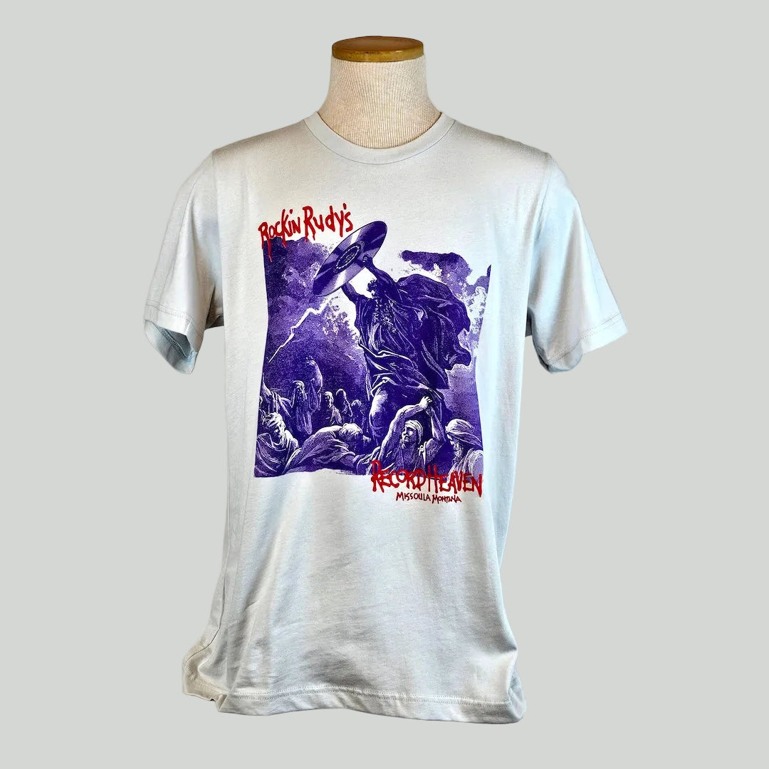 Light gray t-shirt with graphic design on a mannequin against a white background