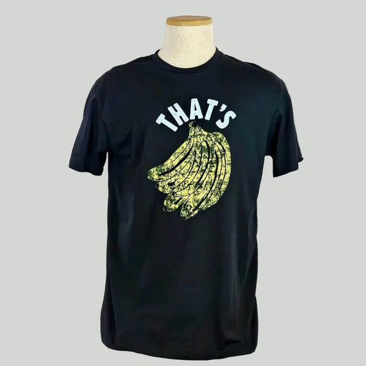 Black t-shirt with yellow banana graphic and 'THAT'S' text on a mannequin against a white background