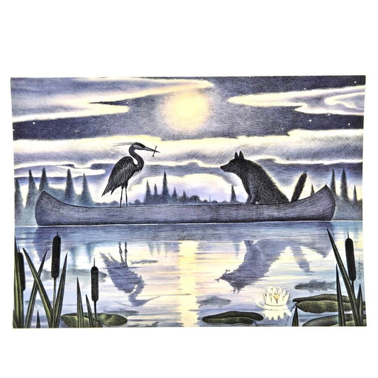 Artistic depiction of a heron and a wolf in a canoe on a reflective water surface with a moonlit sky.