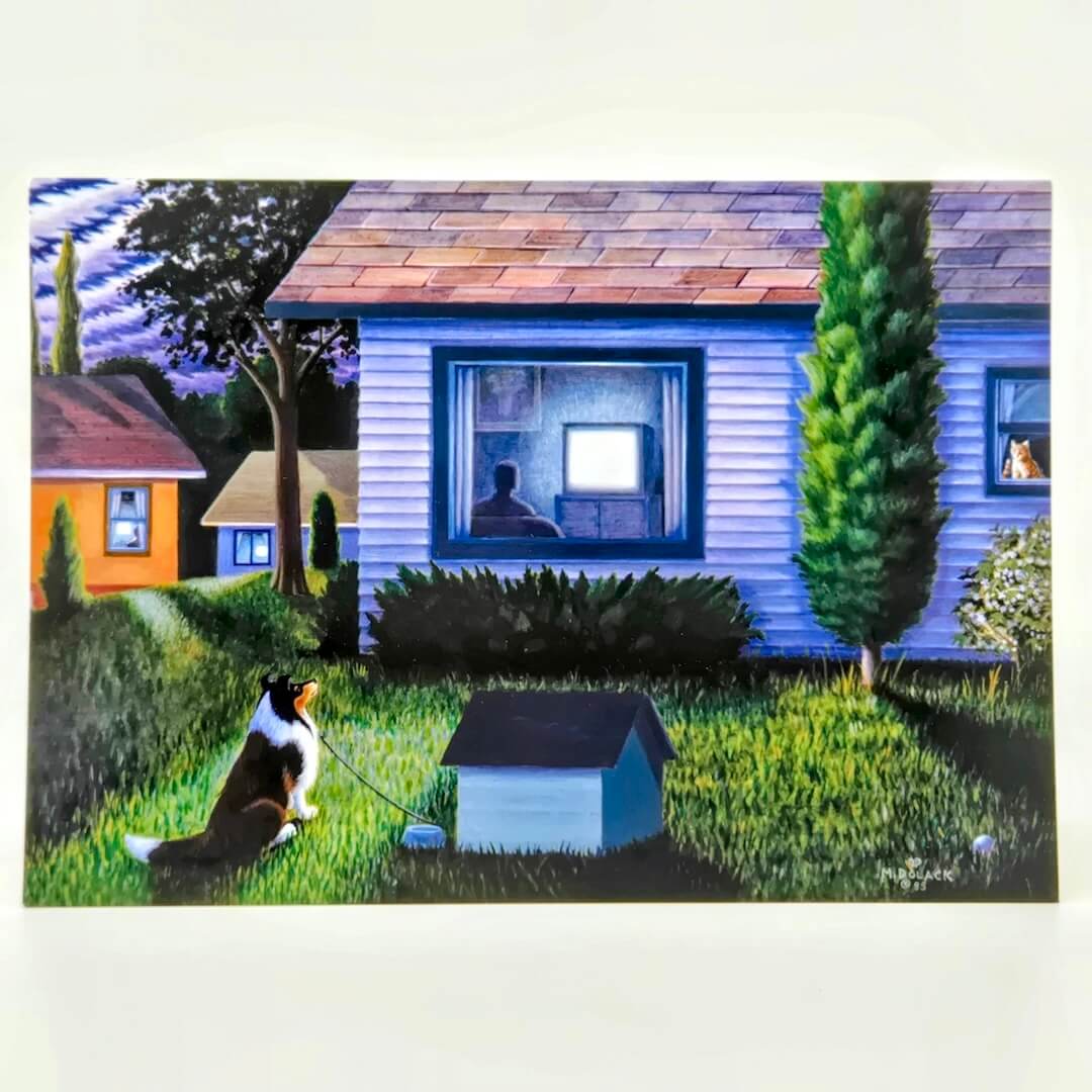 Painting of a house with a dog and doghouse in the foreground