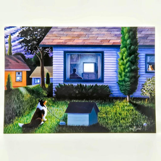 Painting of a house with a dog and doghouse in the foreground