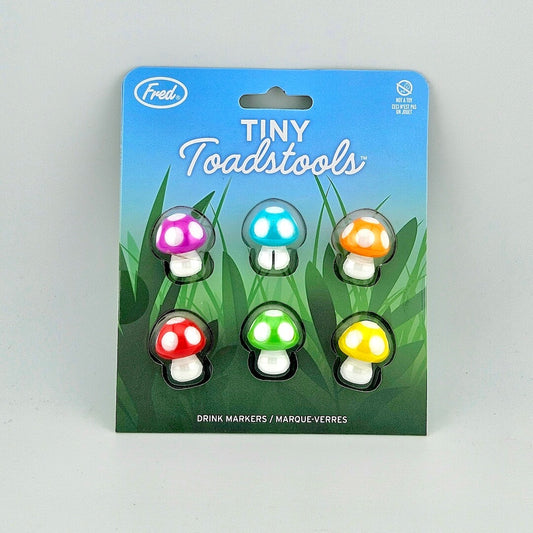 Brightly colored packaging for mushroom shaped drink markers against white background. 