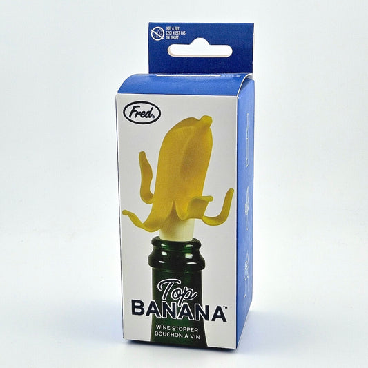 Blue and white packaging for yellow banana wine stopper against white background.