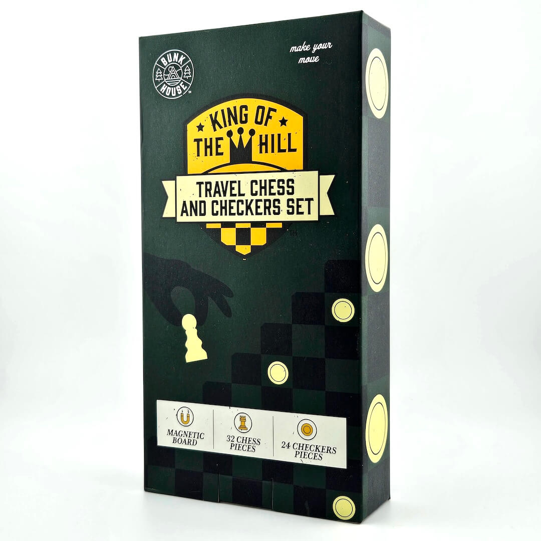 Box of King of the Hill travel chess and checkers set on a white background