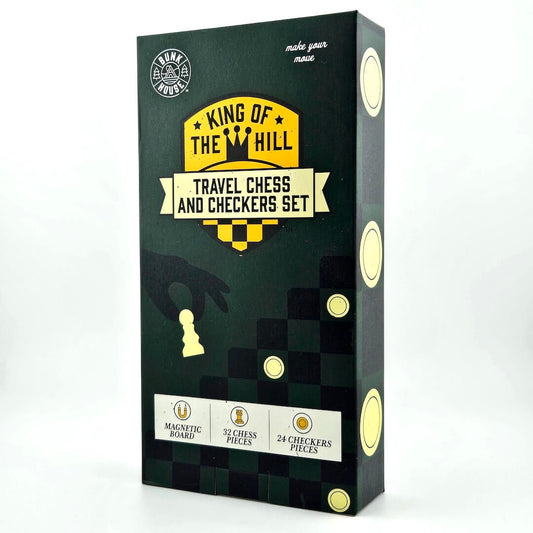 Box of King of the Hill travel chess and checkers set on a white background