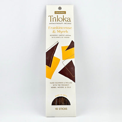 White rectangular package for 10 incense sticks, three leaves in center framed by product information.