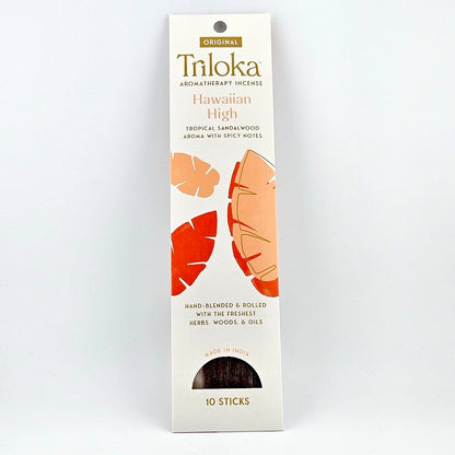 White rectangular package for 10 incense sticks, three leaves in center framed by product information.