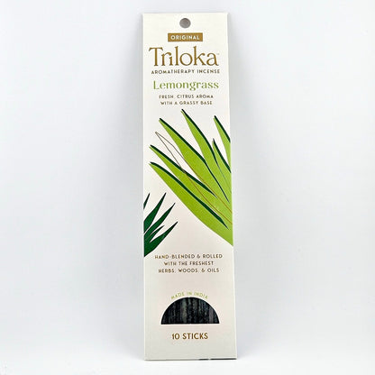 White rectangular package for 10 incense sticks, geometric graphics in center framed by product information.