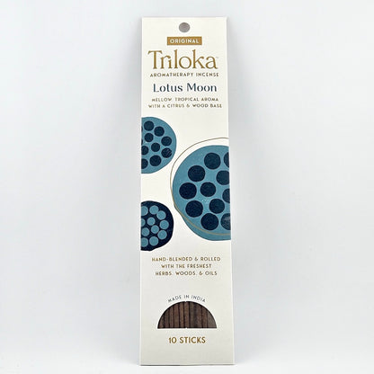 White rectangular package for 10 incense sticks, geometric graphics in center framed by product information.