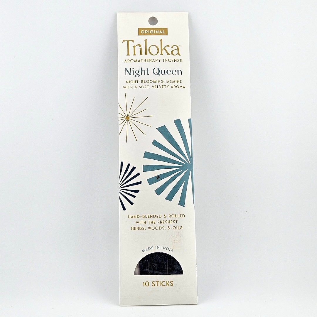 White rectangular package for 10 incense sticks, geometric graphics in center framed by product information.