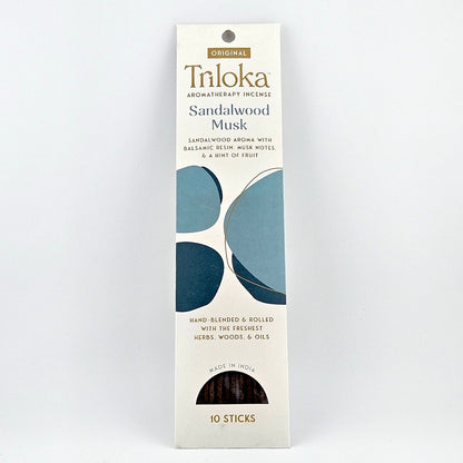 White rectangular package for 10 incense sticks, geometric graphics in center framed by product information.