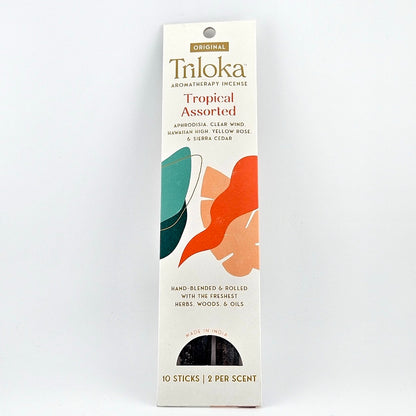 White rectangular package for 10 incense sticks, geometric graphics in center framed by product information.
