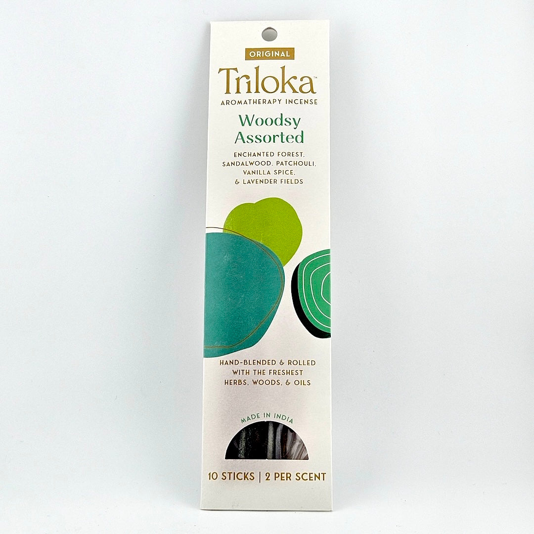 White rectangular package for 10 incense sticks, geometric graphics in center framed by product information.