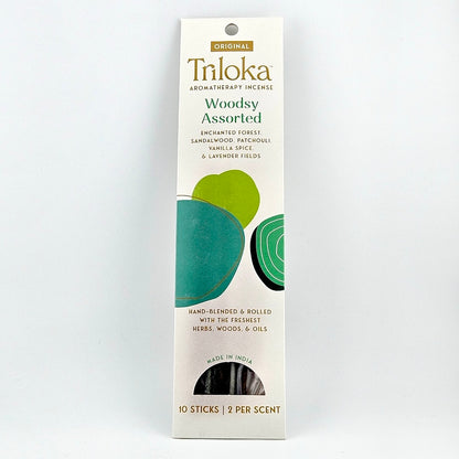 White rectangular package for 10 incense sticks, geometric graphics in center framed by product information.