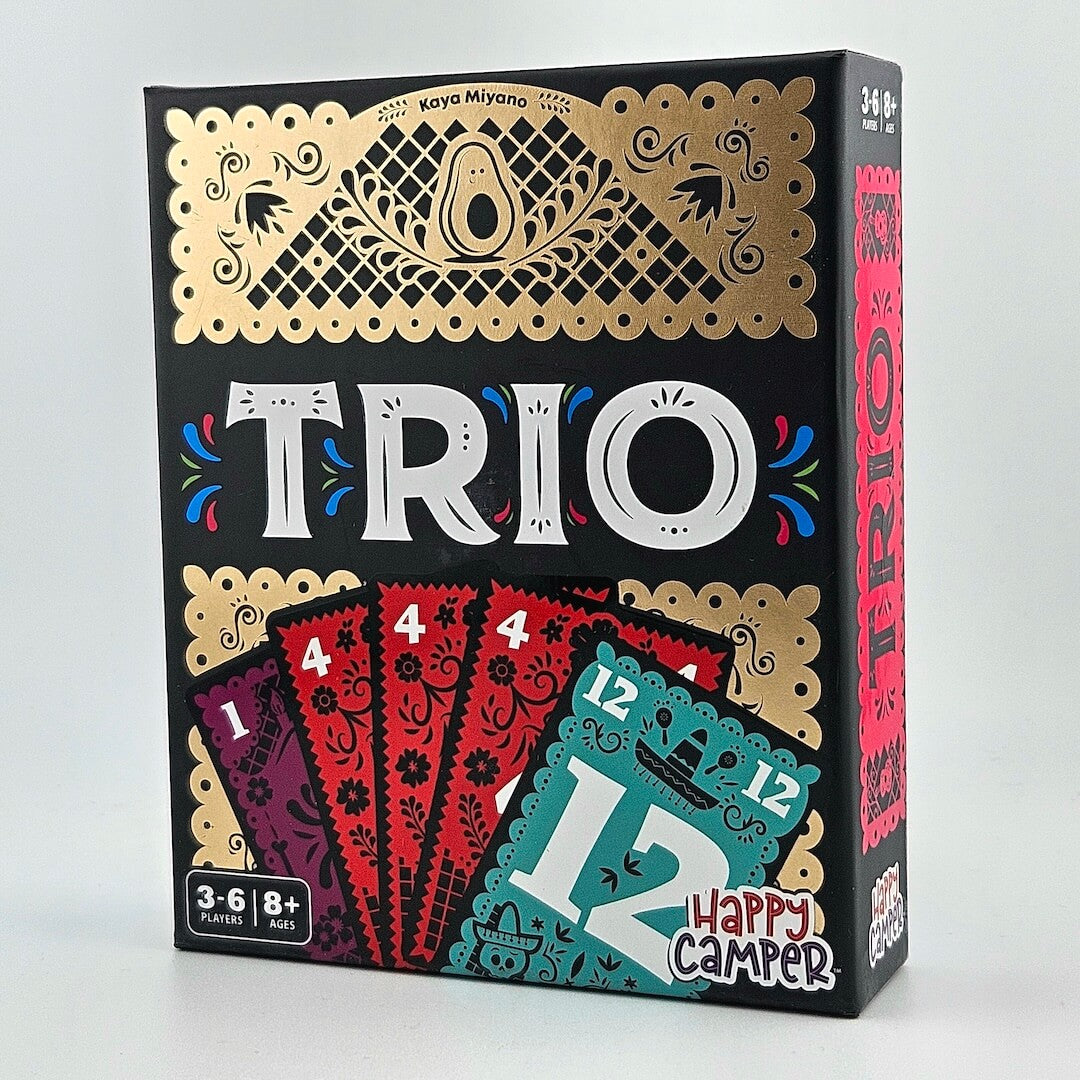 Card game box titled 'TRIO' with colorful card designs on a white background