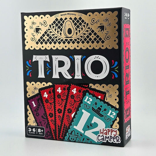 Card game box titled 'TRIO' with colorful card designs on a white background