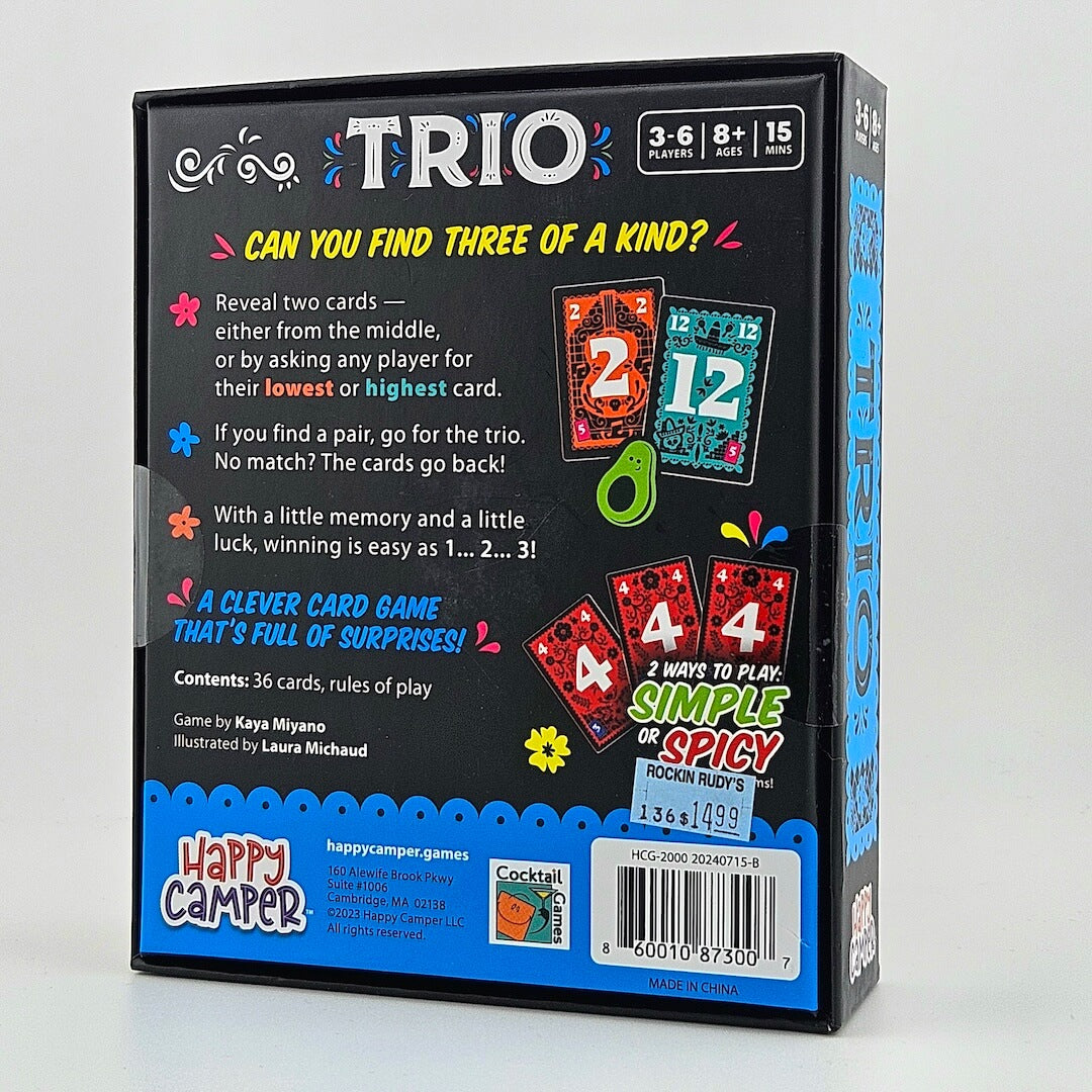 Card game box for 'Trio' with colorful card illustrations on a white background