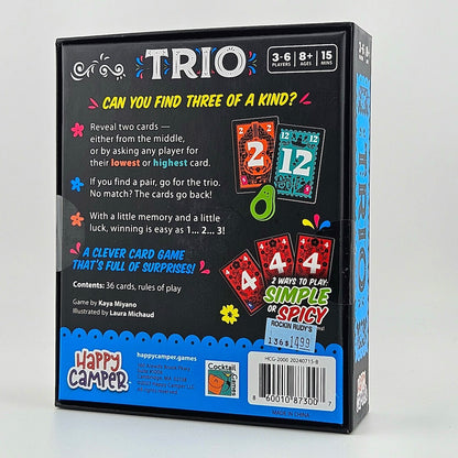 Card game box for 'Trio' with colorful card illustrations on a white background