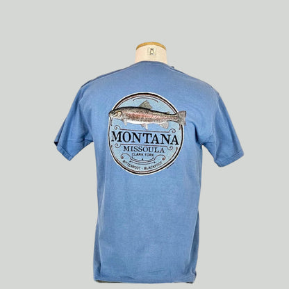 Blue t-shirt with Montana Missoula graphic on a mannequin against a white background