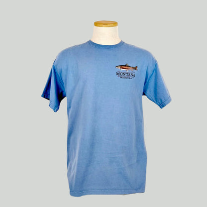 Blue t-shirt with a fish graphic and 'Montana' text on a mannequin against a white background