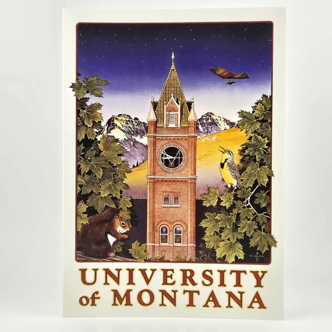 Illustration of a clock tower with mountains and animals, featuring 'University of Montana' text.