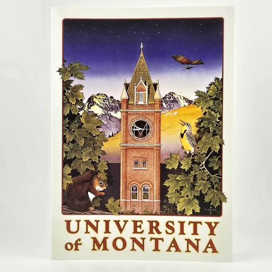 Illustration of a clock tower with mountains and animals, featuring 'University of Montana' text.